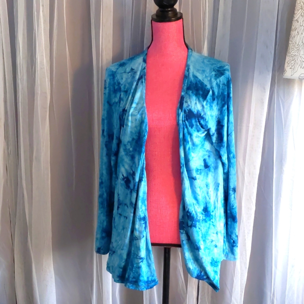 Jockey Plus Tie-Dye XXXL Rayon Stretchy Open Front Cardigan 3/4 sleeve Blue